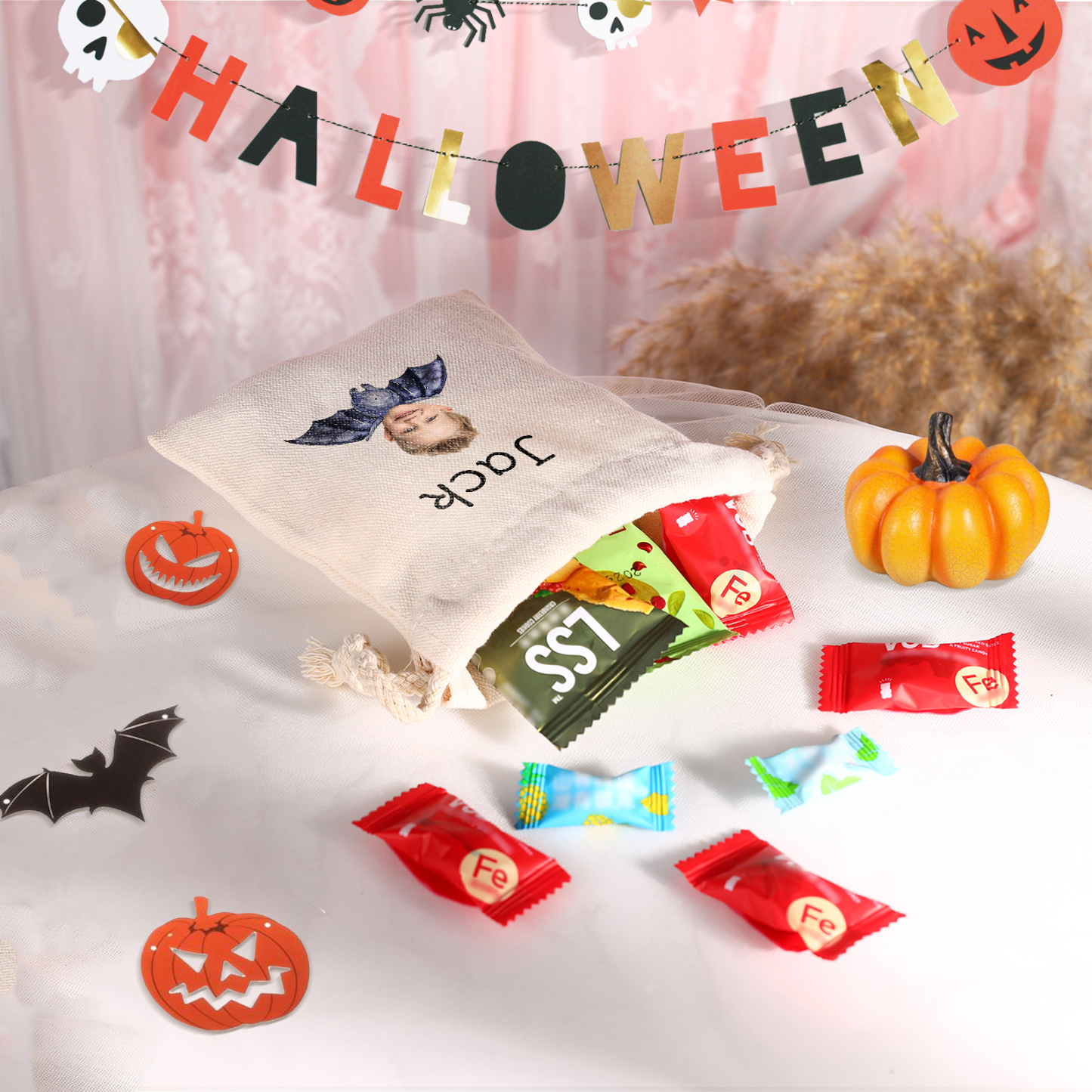 Personalised Halloween Drawstring Bag with Custom Photo and Name – Perfect for Trick or Treat! | Jessmade