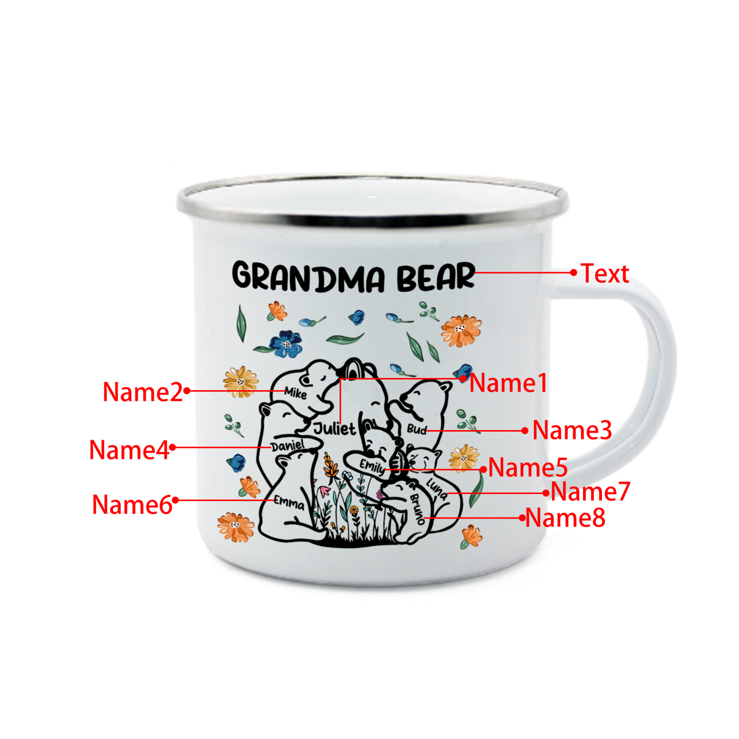 Personalized Mug - Custom 2-11 Names and 1 Text "Nan Bear" Enamel Cup Gifts for Grandma/Mom | Jessmade