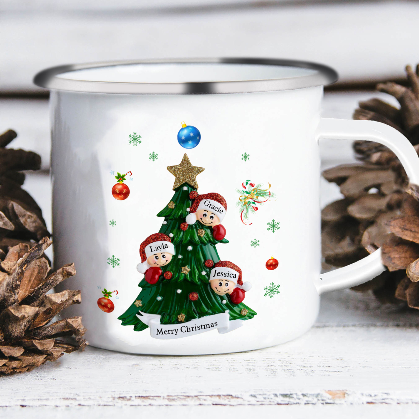 Personalized Family Enamel Cup & Ornament Set – Custom 3 Names & 1 Text Gift Box Christmas Gift for Family | Jessemade