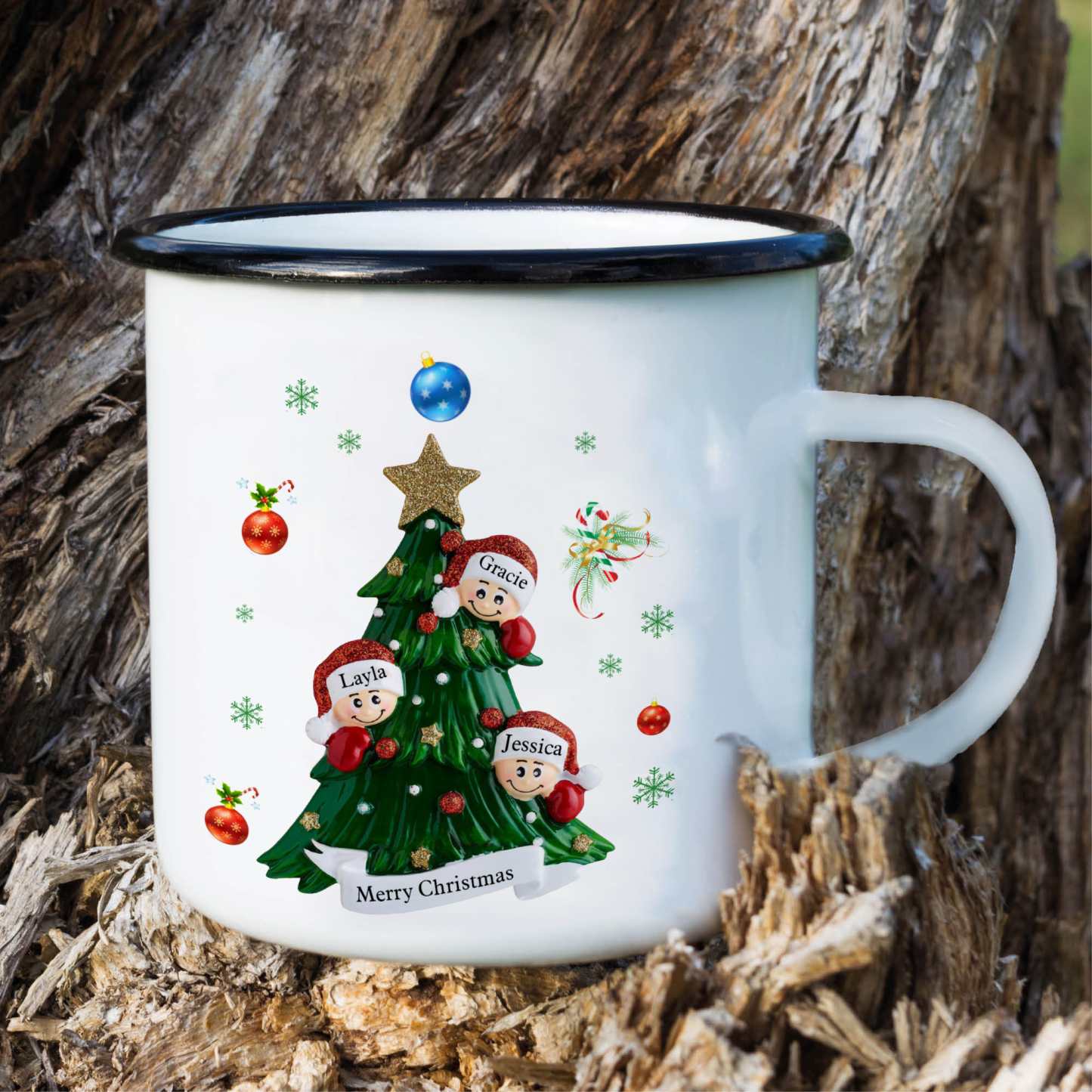 Personalized Family Enamel Cup & Ornament Set – Custom 3 Names & 1 Text Gift Box Christmas Gift for Family | Jessemade