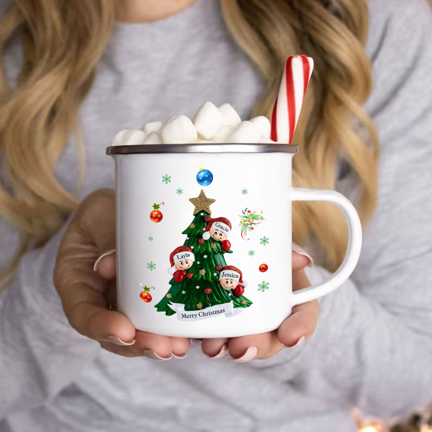 Personalized Family Enamel Cup & Ornament Set – Custom 3 Names & 1 Text Gift Box Christmas Gift for Family | Jessemade