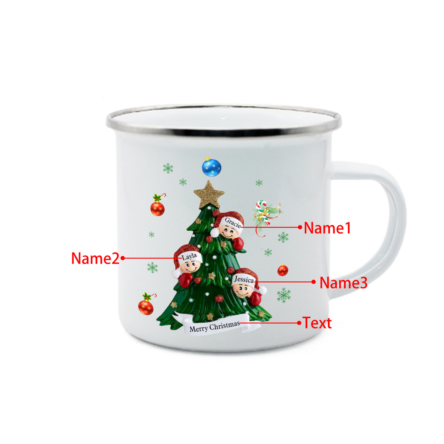 Personalized Family Enamel Cup & Ornament Set – Custom 3 Names & 1 Text Gift Box Christmas Gift for Family | Jessemade