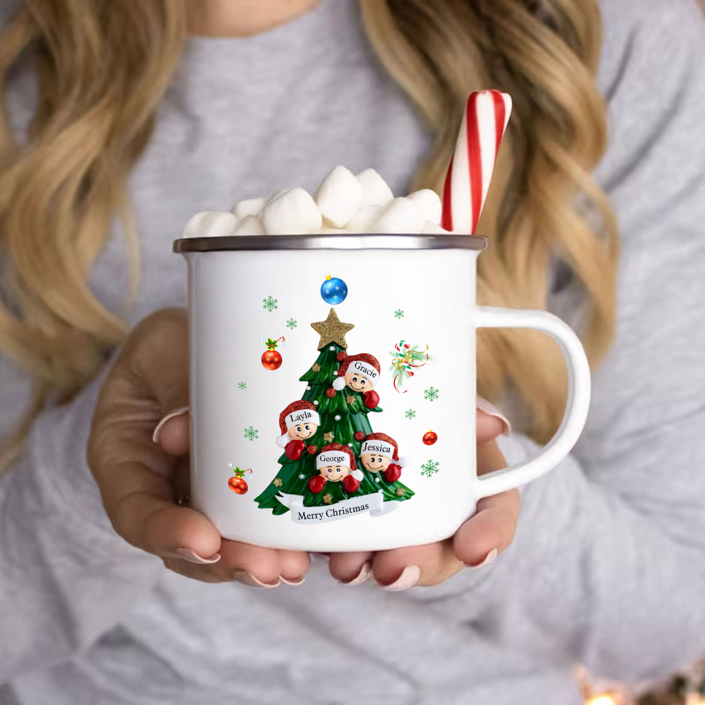Personalized Family Enamel Cup & Ornament Set – Custom 4 Names & 1 Text Gift Box Christmas Gift for Family | Jessemade