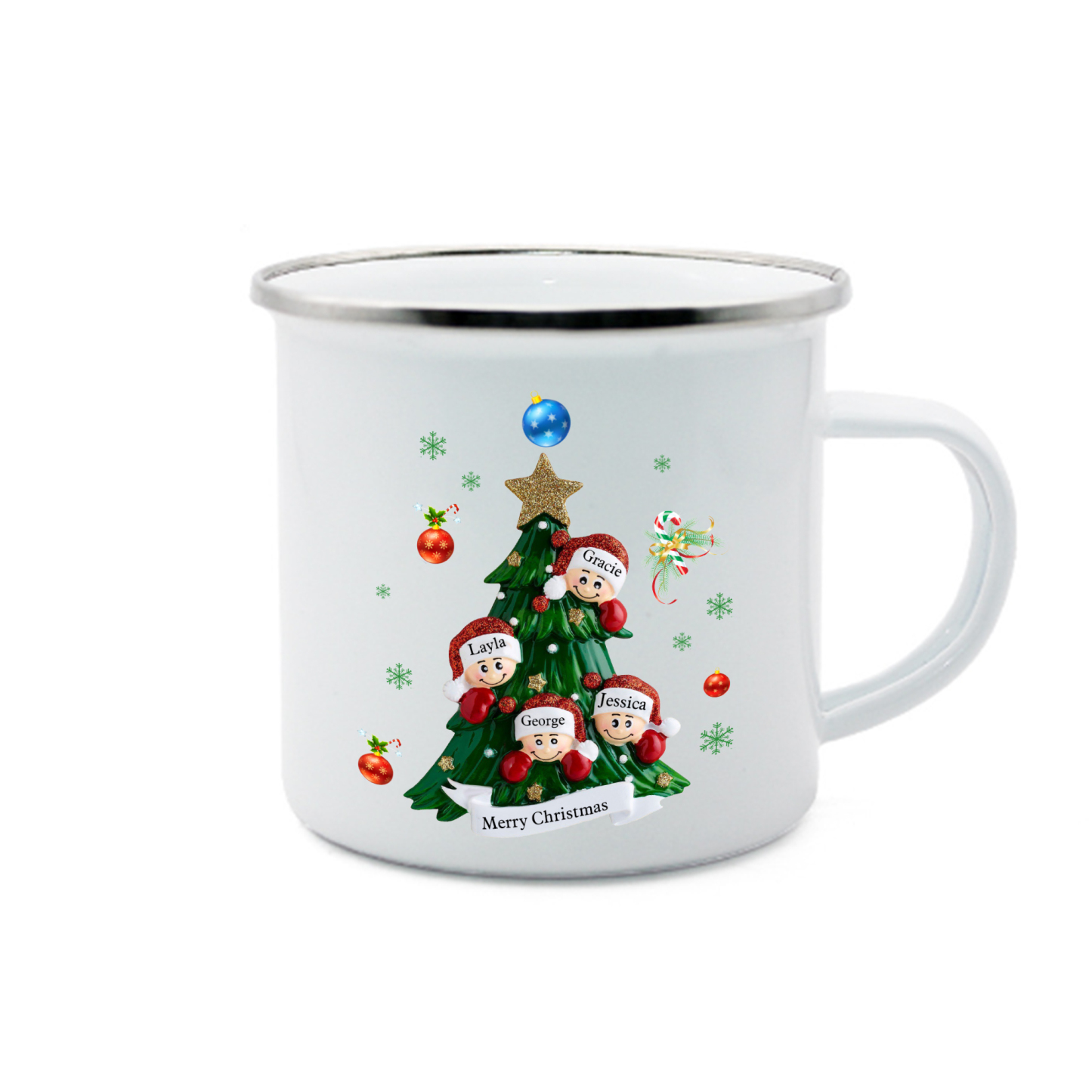Personalized Family Enamel Cup & Ornament Set – Custom 4 Names & 1 Text Gift Box Christmas Gift for Family | Jessemade