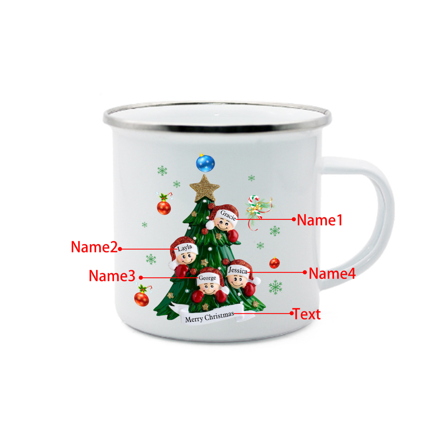 Personalized Family Enamel Cup & Ornament Set – Custom 4 Names & 1 Text Gift Box Christmas Gift for Family | Jessemade