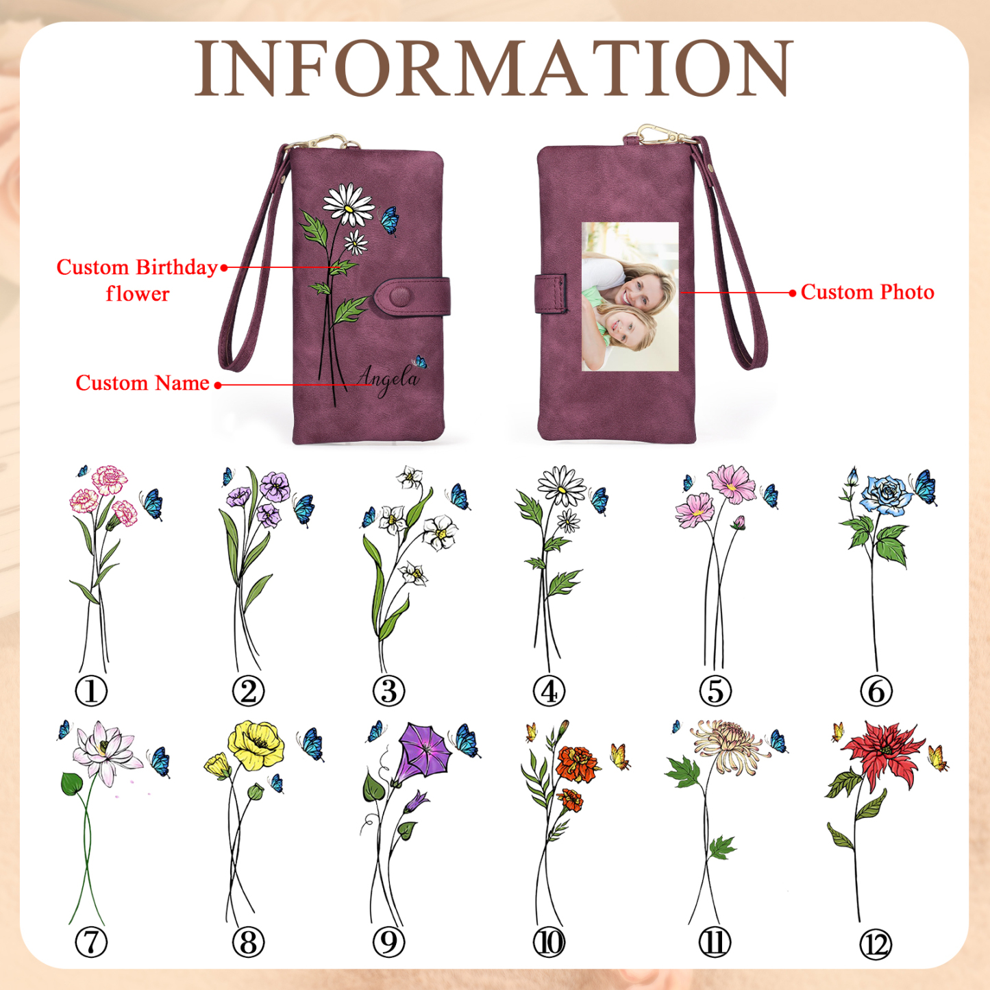 Personalised Women’s Wallet with Custom Name, Photo, and Birth Flower – Multiple Colour Options – Valentine’s Day Gift for Her | Jessemade