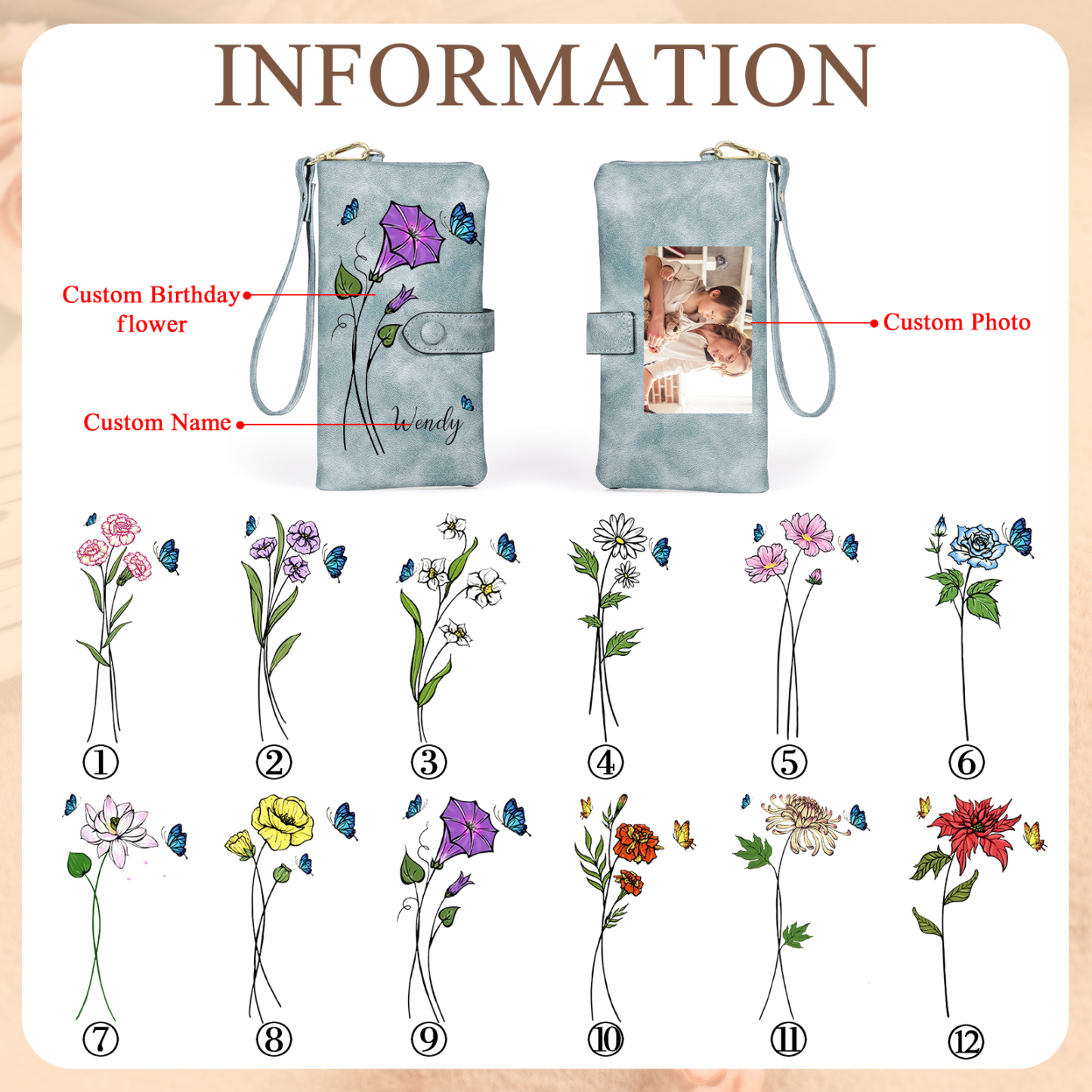 Personalised Women’s Wallet with Custom Name, Photo, and Birth Flower – Multiple Colour Options – Valentine’s Day Gift for Her | Jessemade