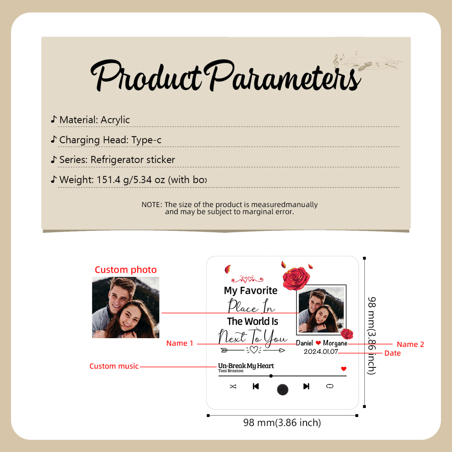 Personalised Music Fridge Magnet with 2 Names, 1 Photo, 1 Year & 1 Favorite Song – "My Favorite Place in the World Is Next to You" – Valentine’s Day Gift for Him/Her | Jessemade
