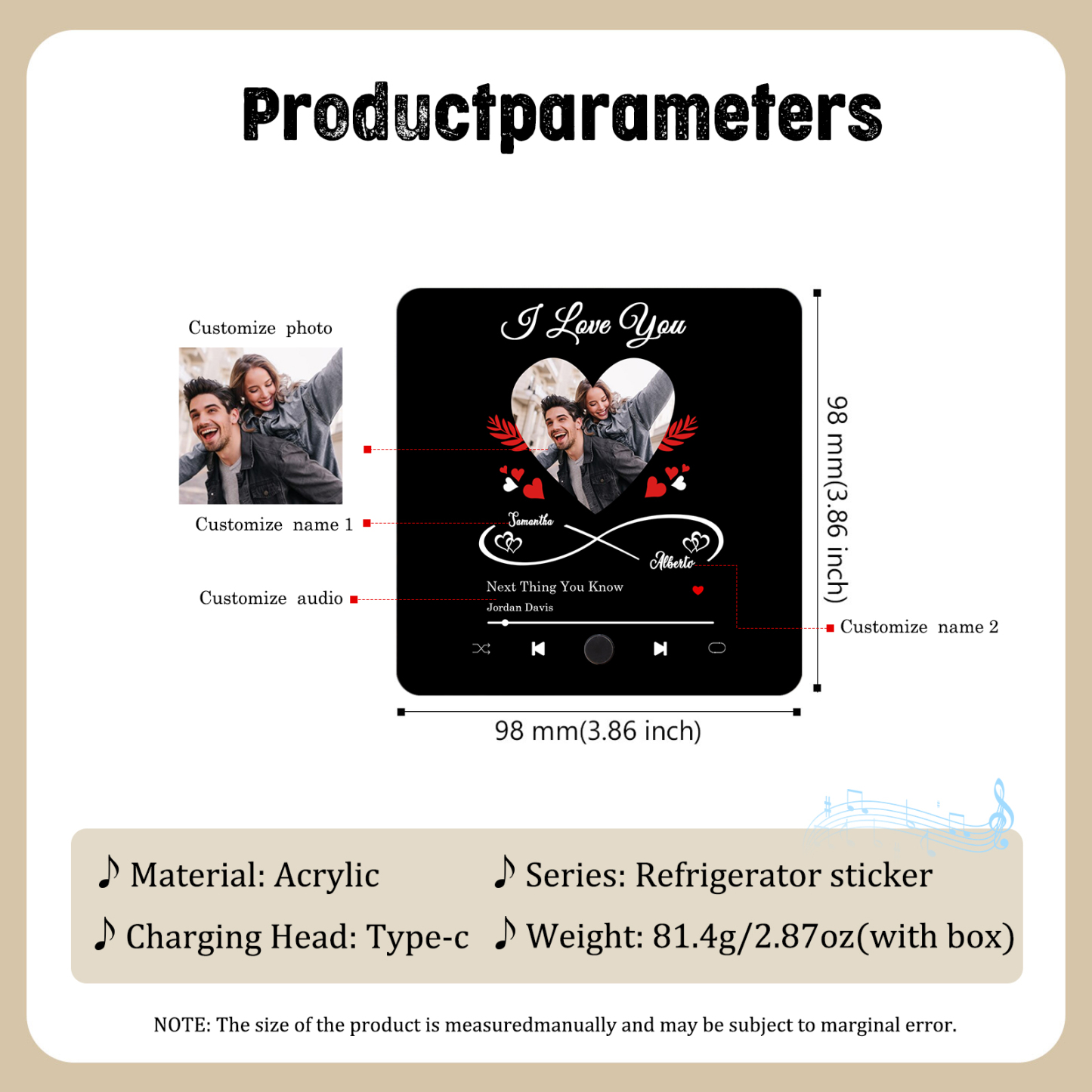 Personalized Photo Fridge Magnet Infinity and Heart Musical Valentines Day Gift