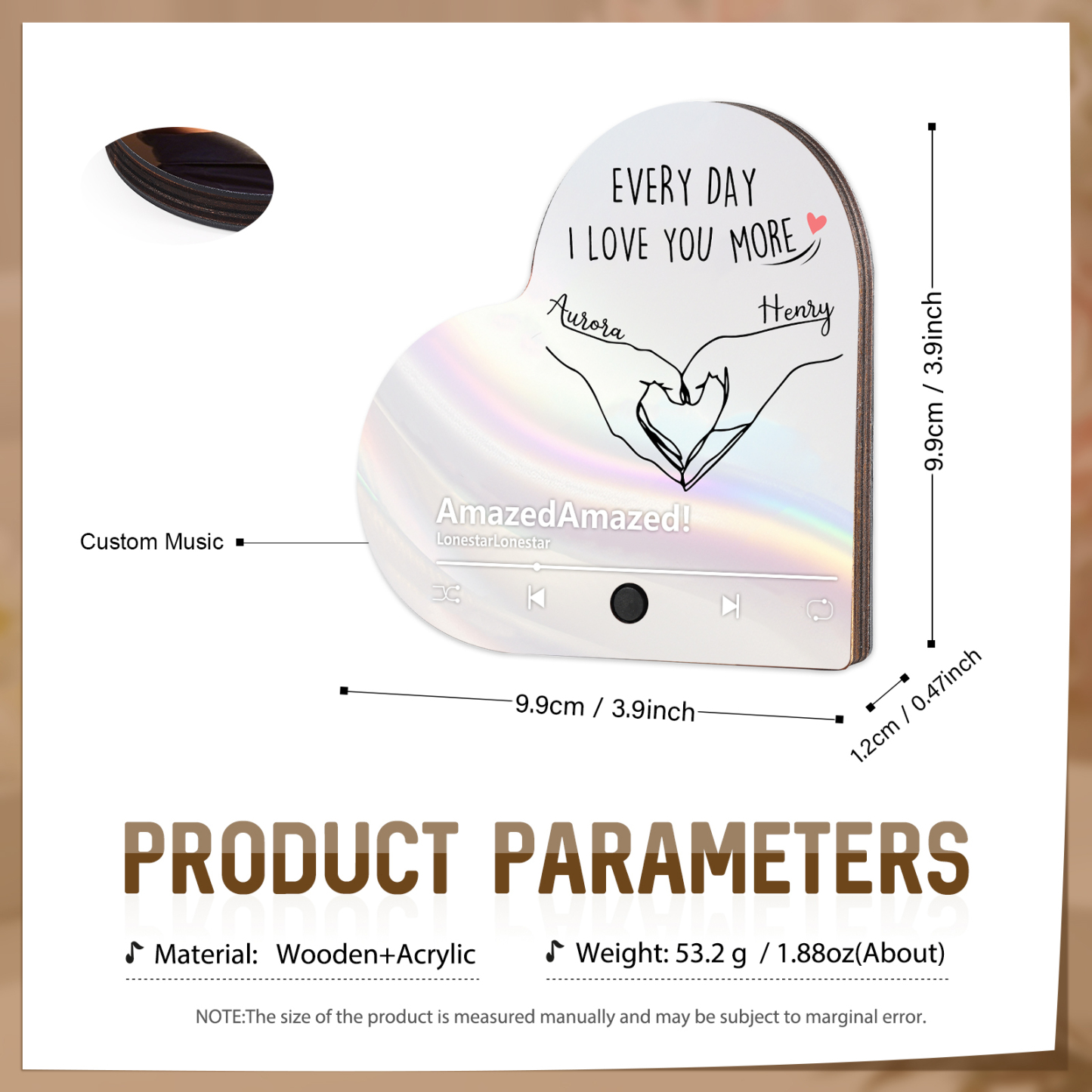 Personalised Heart-Shaped Refrigerator Magnet - Customised with 2 Names, 1 Text & 1 Song, Heart Gesture Design, Valentine’s Day Gift for Couple | Jessemade