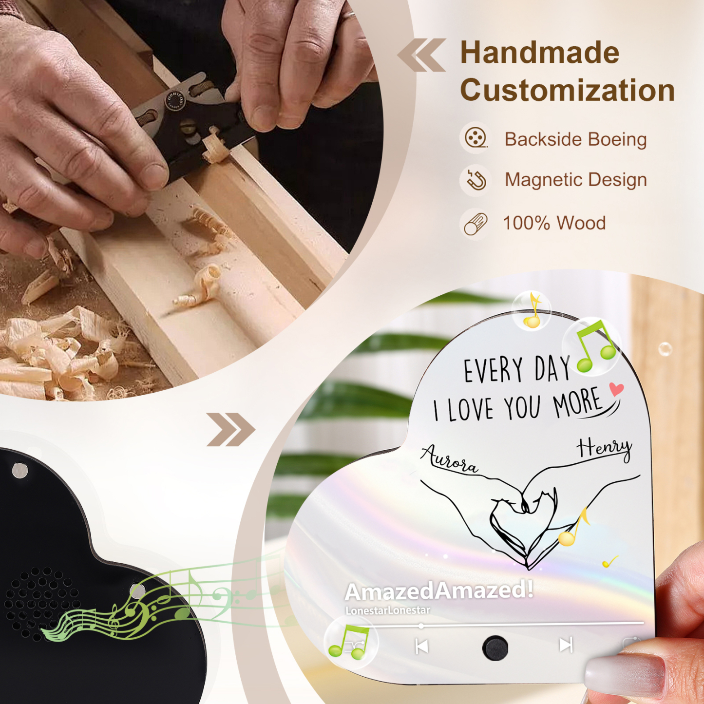 Personalised Heart-Shaped Refrigerator Magnet - Customised with 2 Names, 1 Text & 1 Song, Heart Gesture Design, Valentine’s Day Gift for Couple | Jessemade