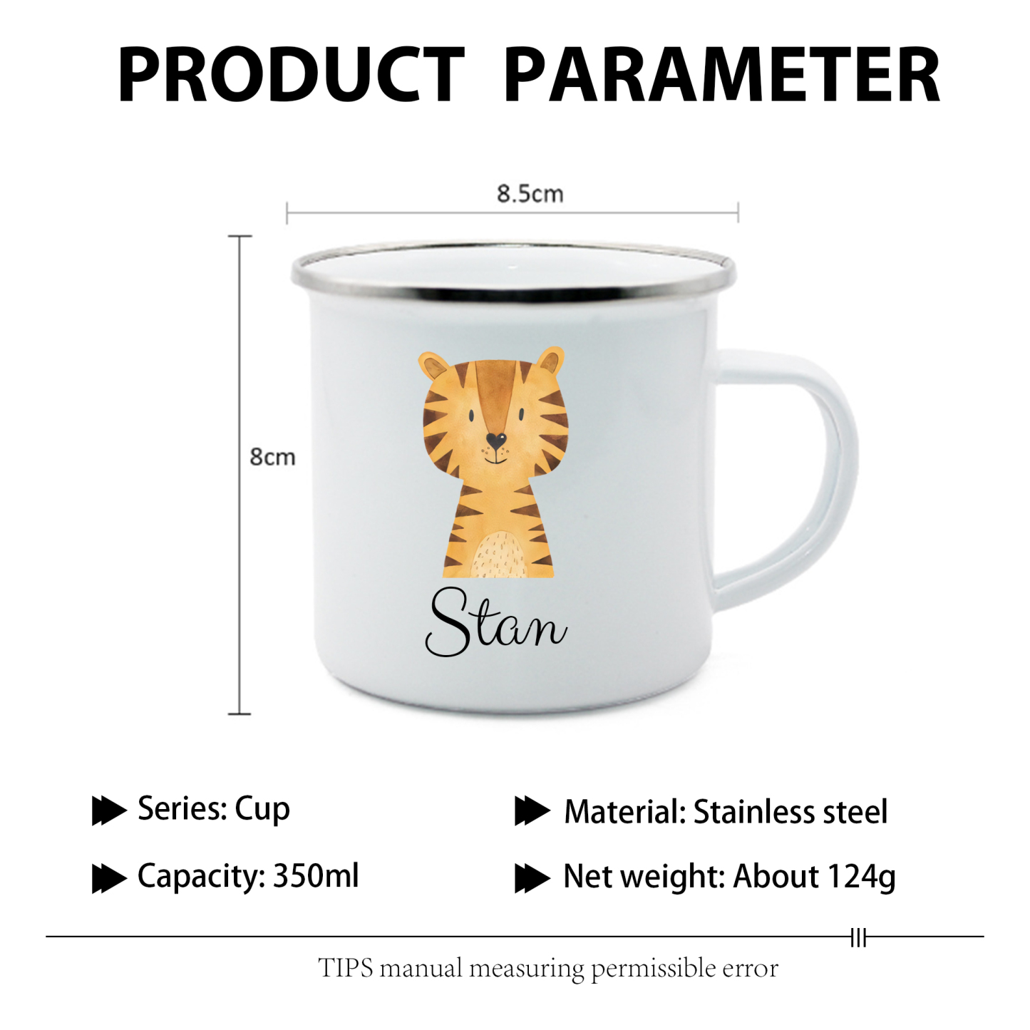 Personalized Animal Back-to-School Enamel Mug - Unique Hand-painted Design, Custom Name, Kids’ Gift