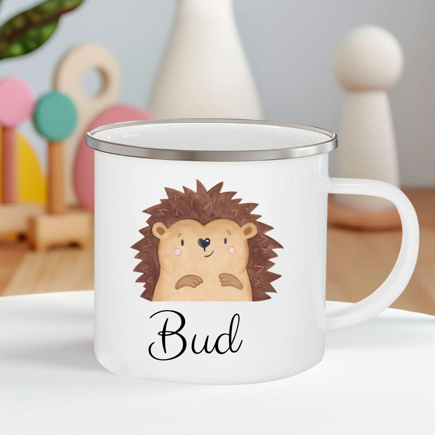 Personalized Animal Back-to-School Enamel Mug - Unique Hand-painted Design, Custom Name, Kids’ Gift