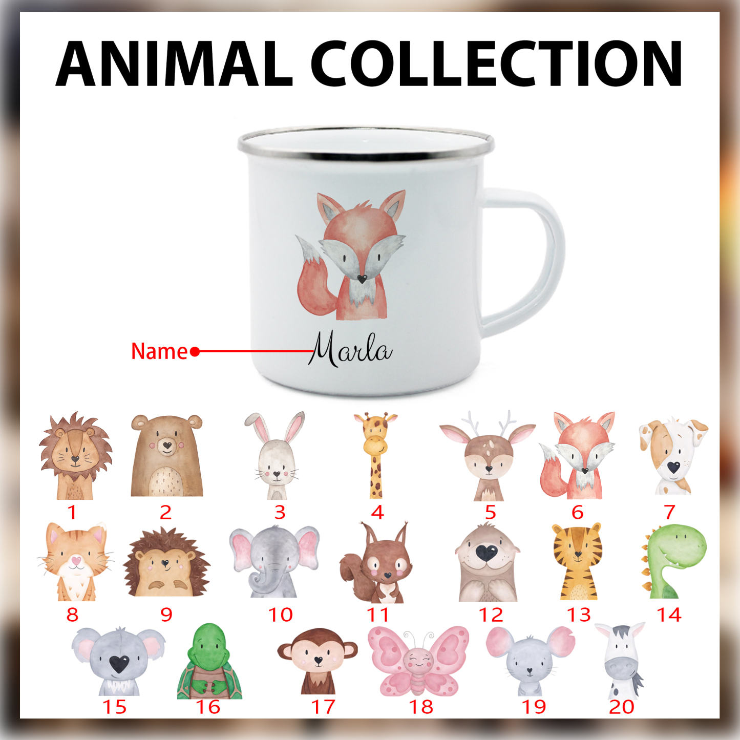 Personalized Animal Back-to-School Enamel Mug - Unique Hand-painted Design, Custom Name, Kids’ Gift