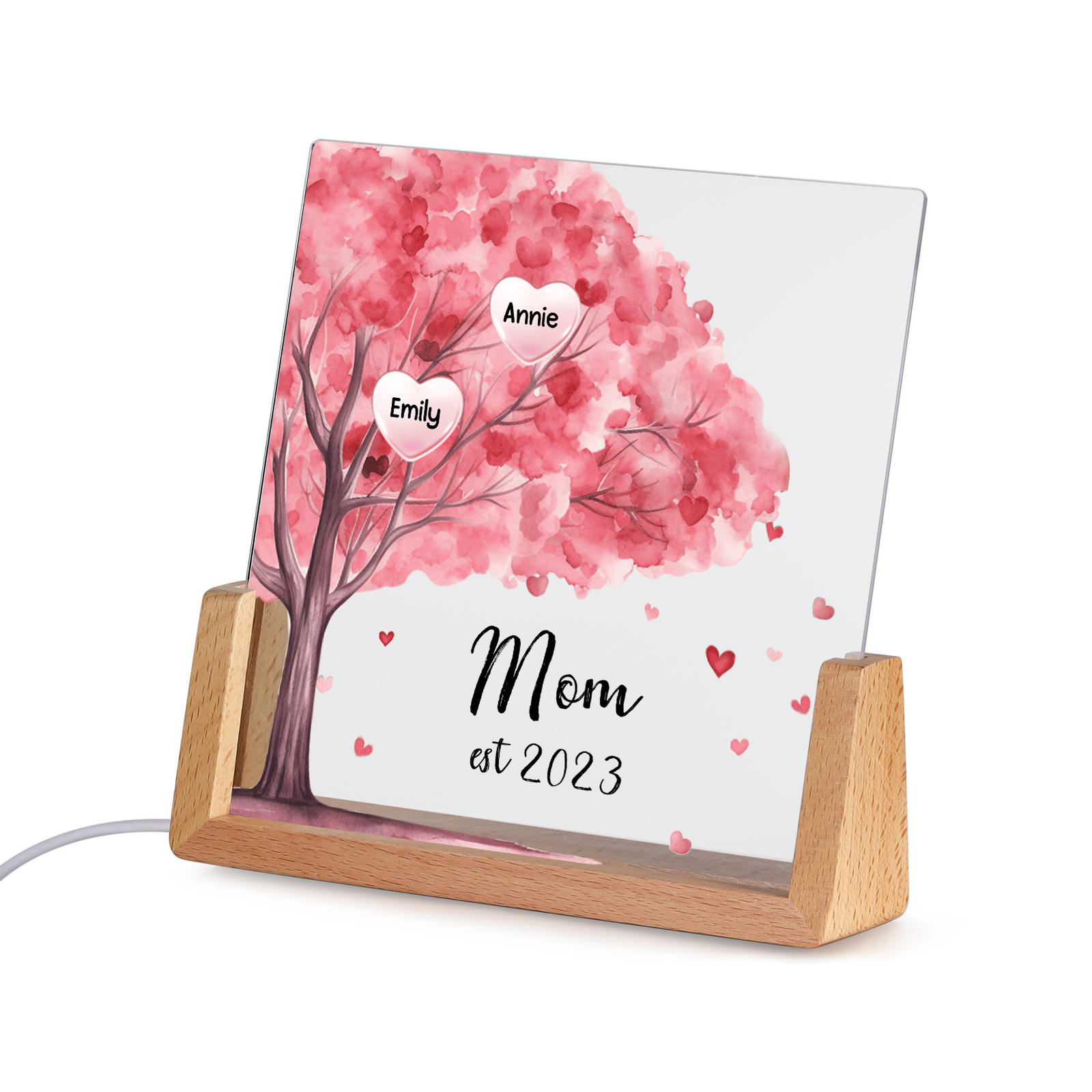 2 Names - Personalized Sakura Tree Night Light with Custom Text And Date LED Light, Gift for Mom
