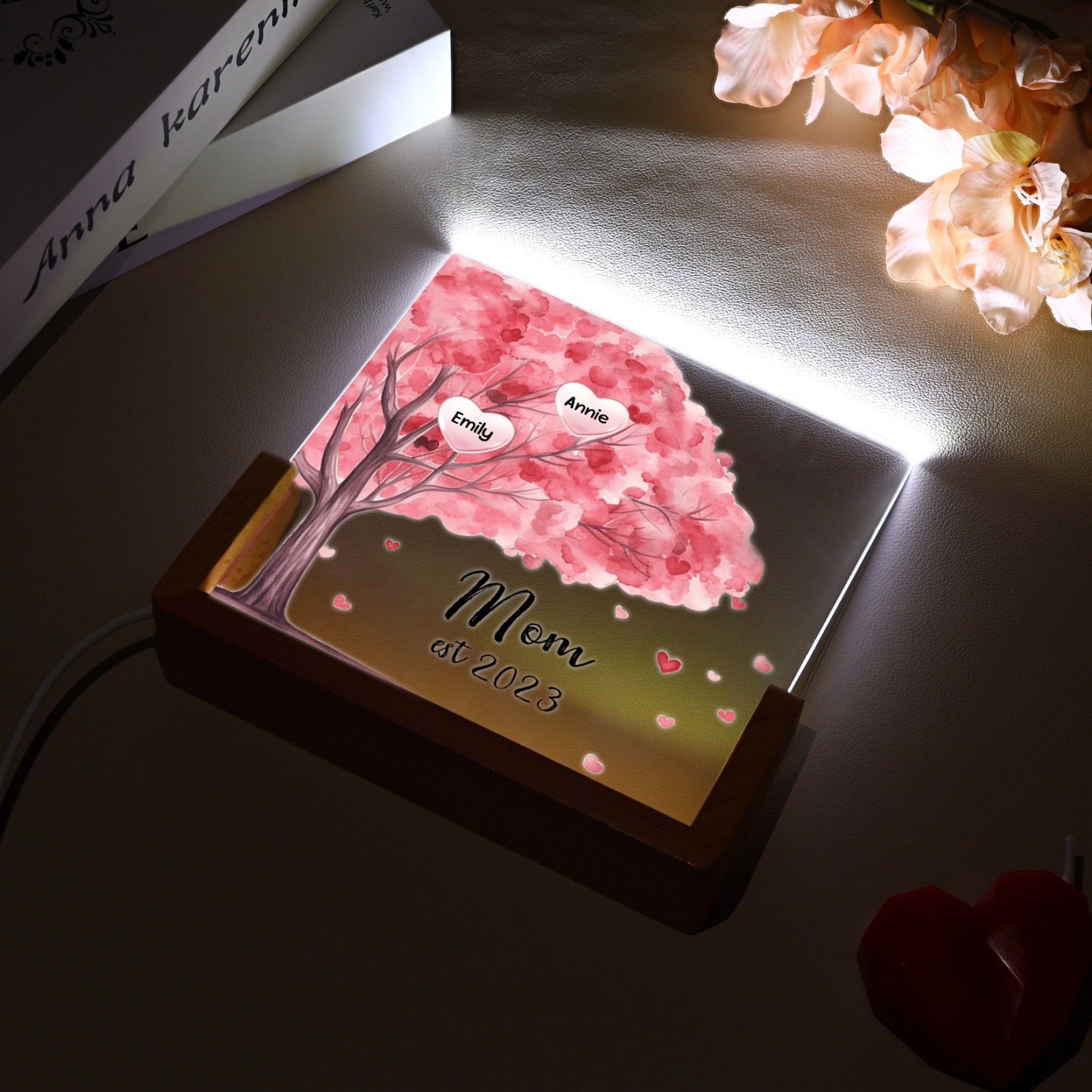 2 Names - Personalized Sakura Tree Night Light with Custom Text And Date LED Light, Gift for Mom