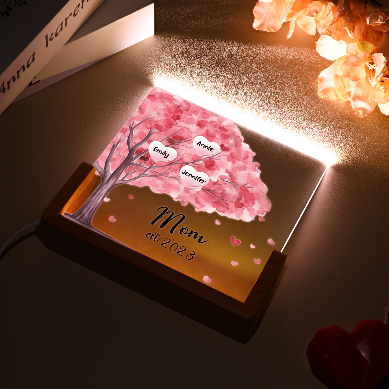 3 Names - Personalized Sakura Tree Night Light with Custom Text And Date LED Light, Gift for Mom