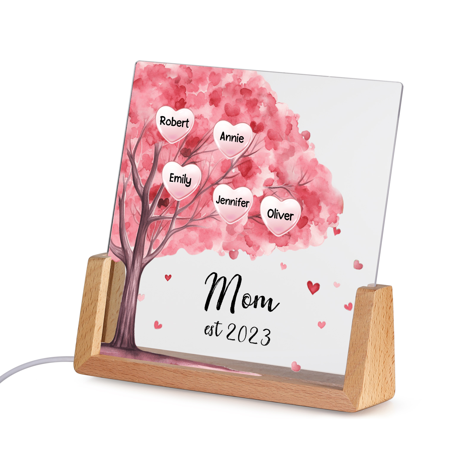 5 Names - Personalized Sakura Tree Night Light with Custom Text And Date LED Light, Gift for Mom