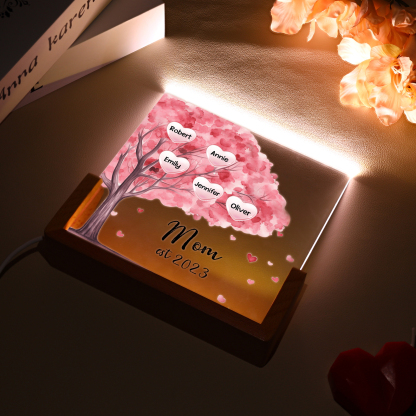 5 Names - Personalized Sakura Tree Night Light with Custom Text And Date LED Light, Gift for Mom