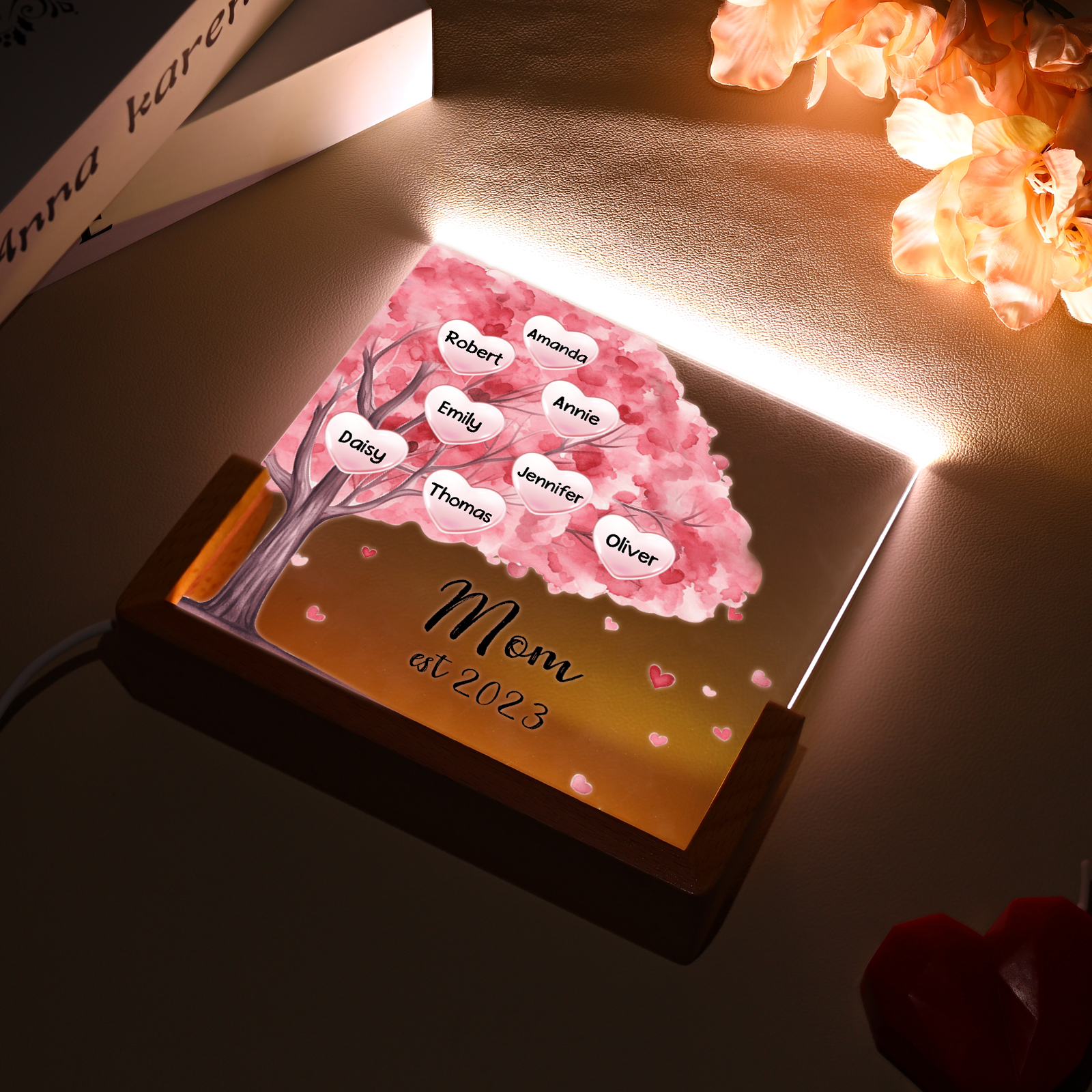 8 Names - Personalized Sakura Tree Night Light with Custom Text And Date LED Light, Gift for Mom