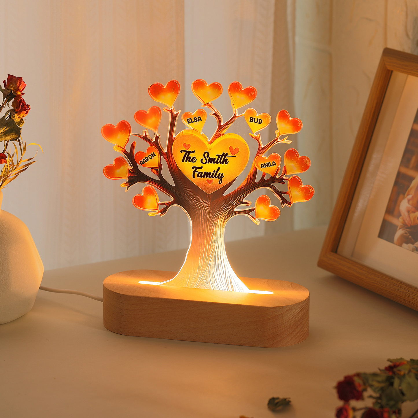 Personalized Family Tree Night Light – LED Lamp with 4 Name & Text – Great Mother’s Day Gift
