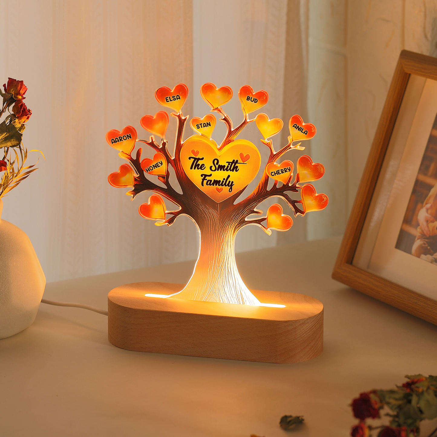 Personalized Family Tree Night Light – LED Lamp with 7 Name & Text – Great Mother’s Day Gift