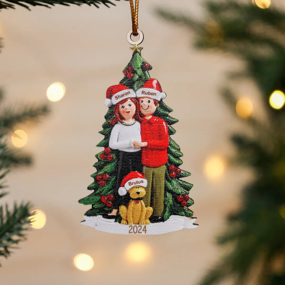 2 Names+Dog Name - Personalized Couples Christmas Tree Ornaments Customized Name & Year Wooden Hanging Ornament Gift for Couples