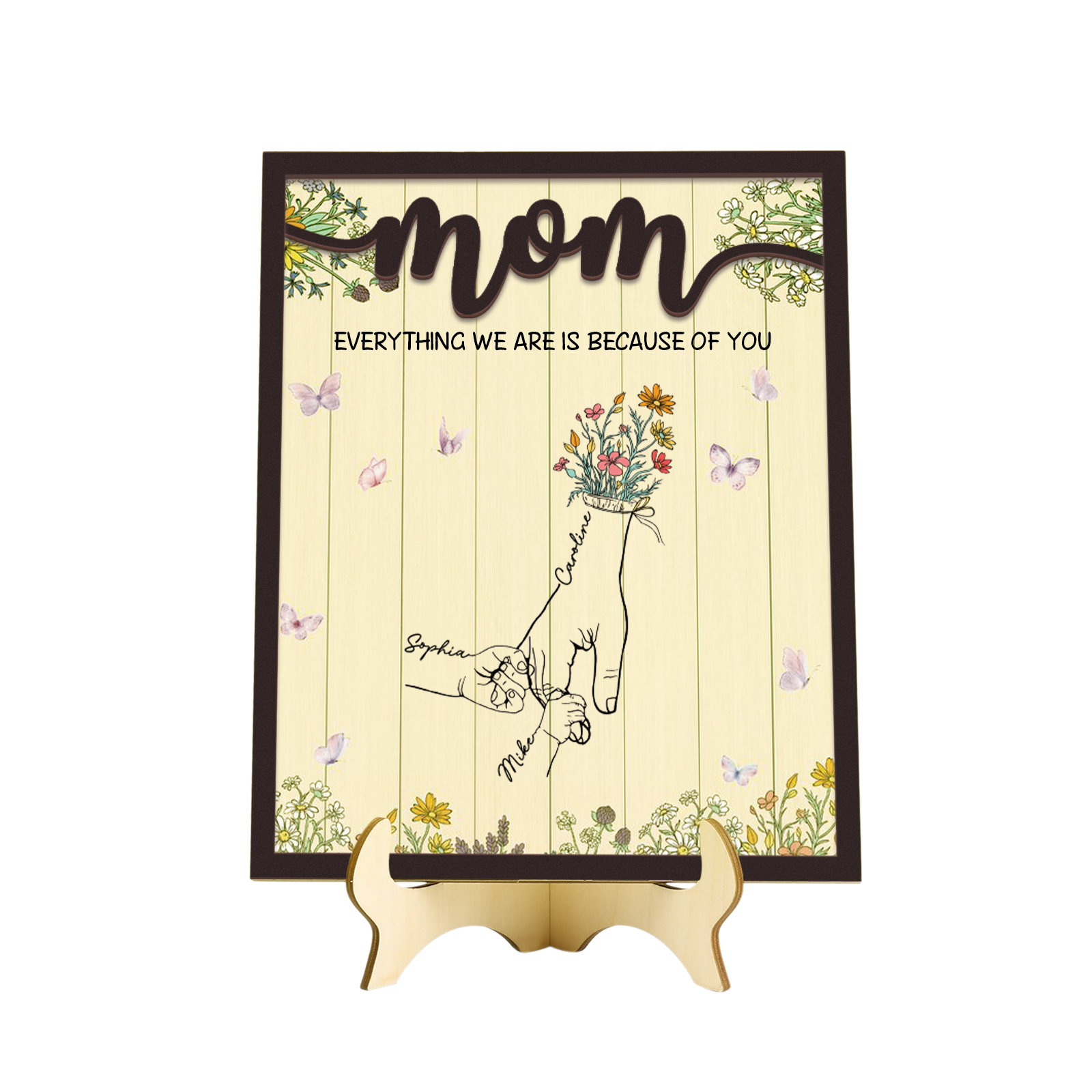 3 Names - Personalized Customizable Text Home Frame Wooden Ornament Holding Hands Flower Elements Style Ornament for Mom