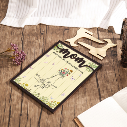 4 Names - Personalized Customizable Text Home Frame Wooden Ornament Holding Hands Flower Elements Style Ornament for Mom