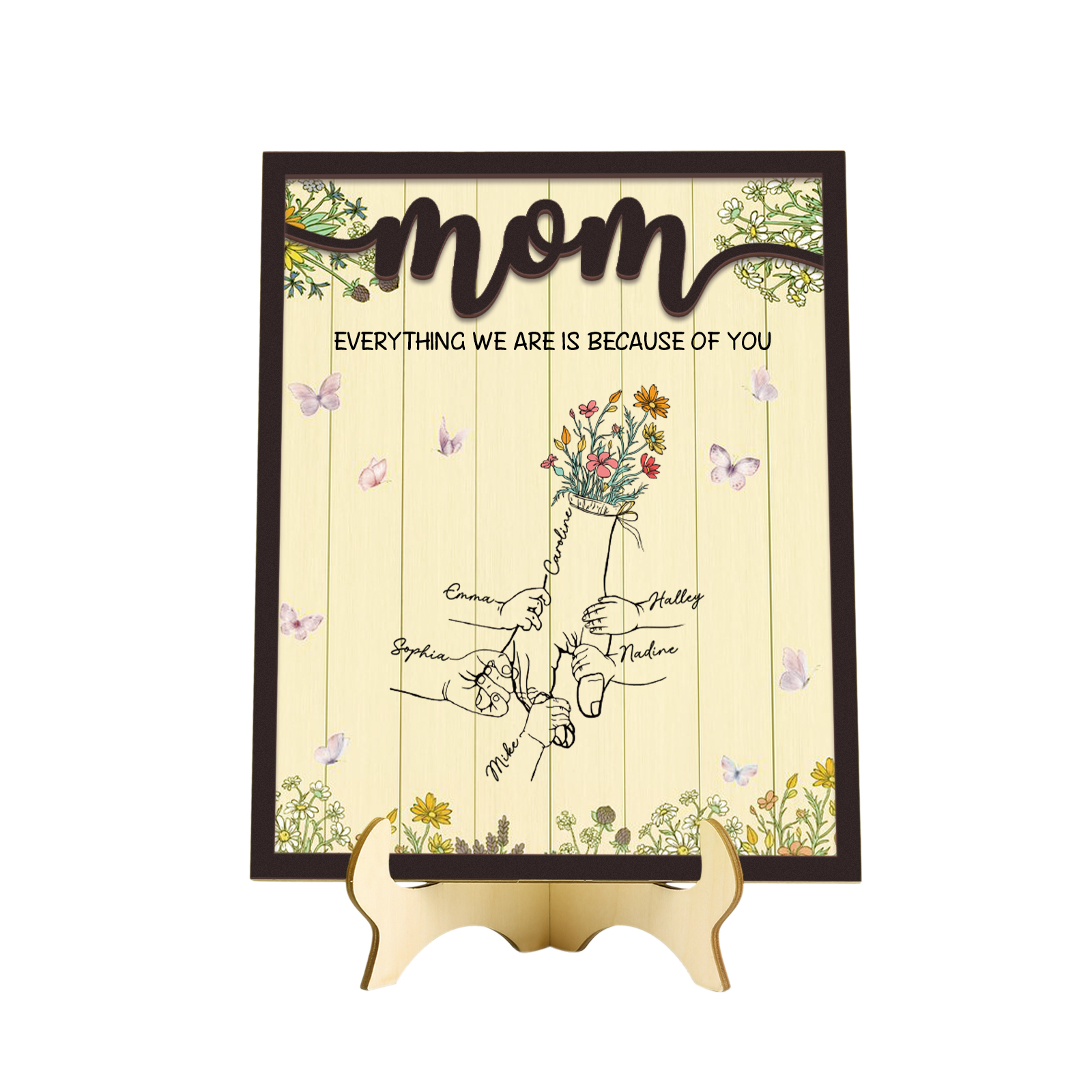6 Names - Personalized Customizable Text Home Frame Wooden Ornament Holding Hands Flower Elements Style Ornament for Mom