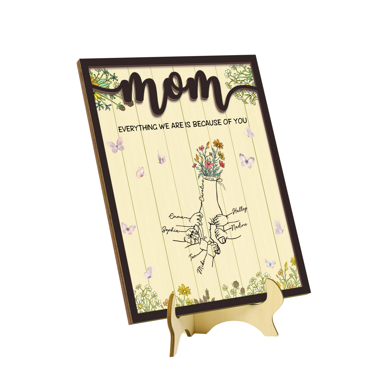7 Names - Personalized Customizable Text Home Frame Wooden Ornament Holding Hands Flower Elements Style Ornament for Mom