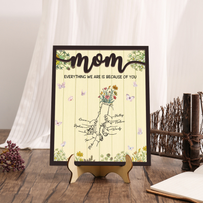 8 Names - Personalized Customizable Text Home Frame Wooden Ornament Holding Hands Flower Elements Style Ornament for Mom