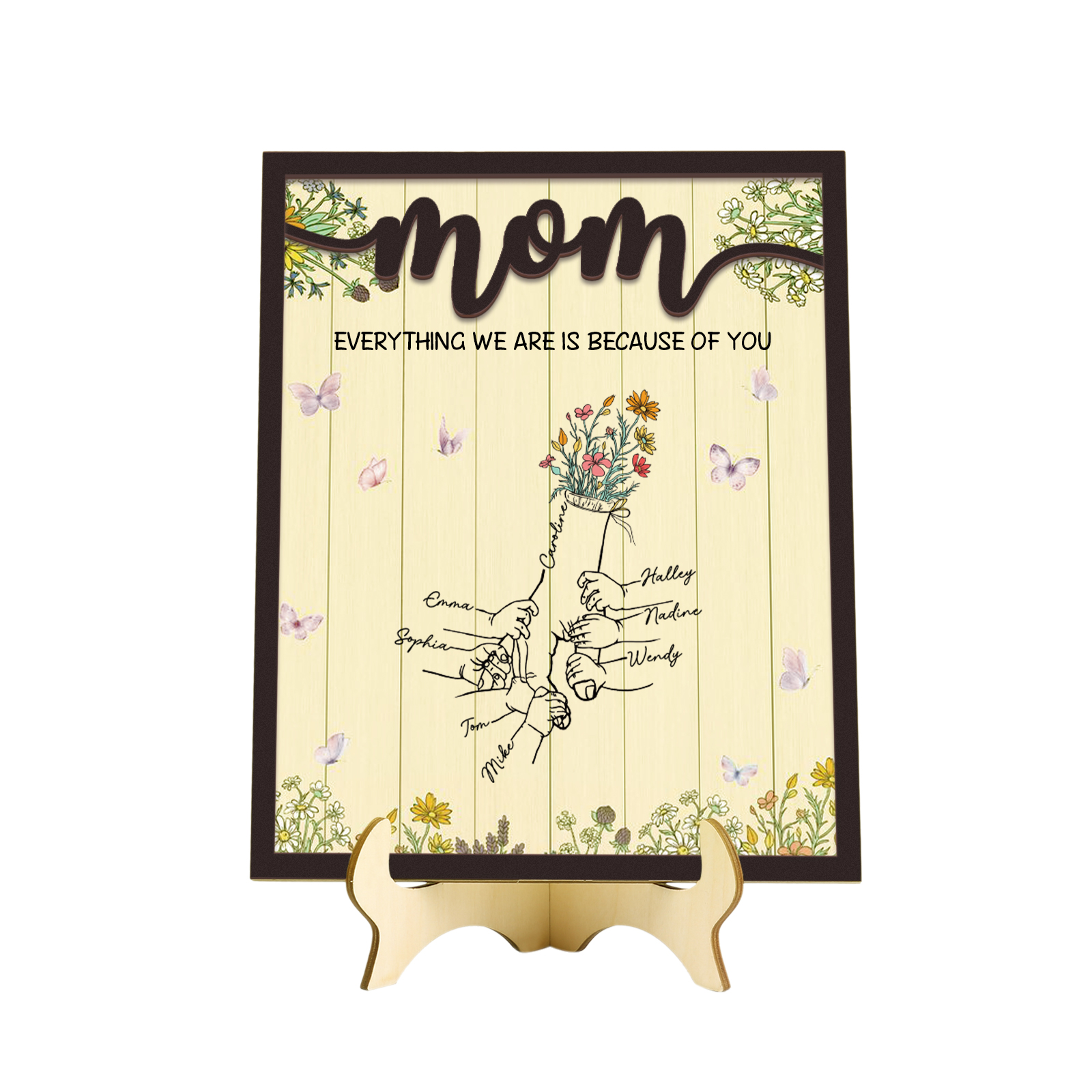8 Names - Personalized Customizable Text Home Frame Wooden Ornament Holding Hands Flower Elements Style Ornament for Mom