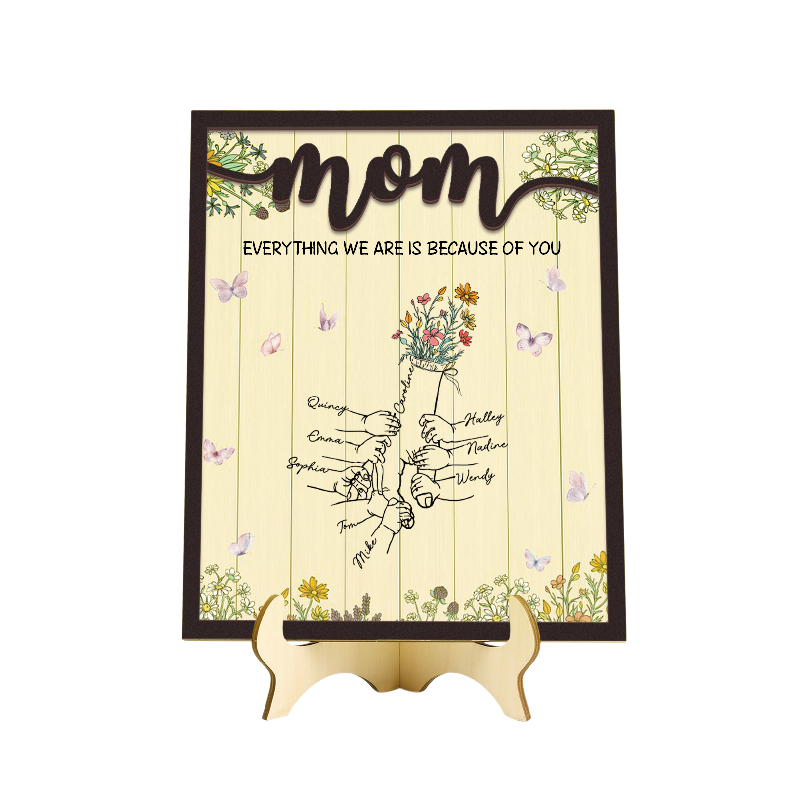 9 Names - Personalized Customizable Text Home Frame Wooden Ornament Holding Hands Flower Elements Style Ornament for Mom