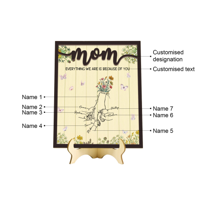 7 Names - Personalized Customizable Text Home Frame Wooden Ornament Holding Hands Flower Elements Style Ornament for Mom