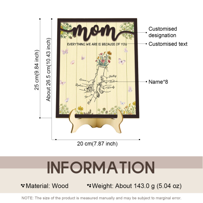 8 Names - Personalized Customizable Text Home Frame Wooden Ornament Holding Hands Flower Elements Style Ornament for Mom