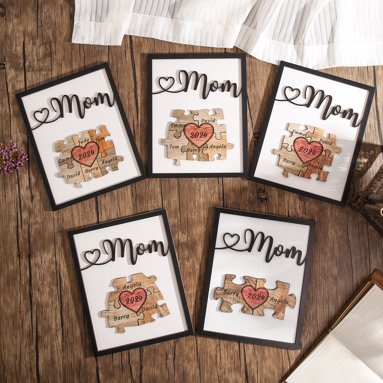 5 Names - Personalized Customizable Vintage Home Frame Wooden Decor Heart Puzzle Wooden Board Painting for Mom