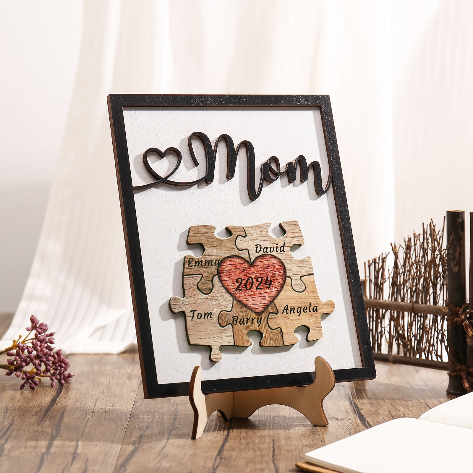 5 Names - Personalized Customizable Vintage Home Frame Wooden Decor Heart Puzzle Wooden Board Painting for Mom