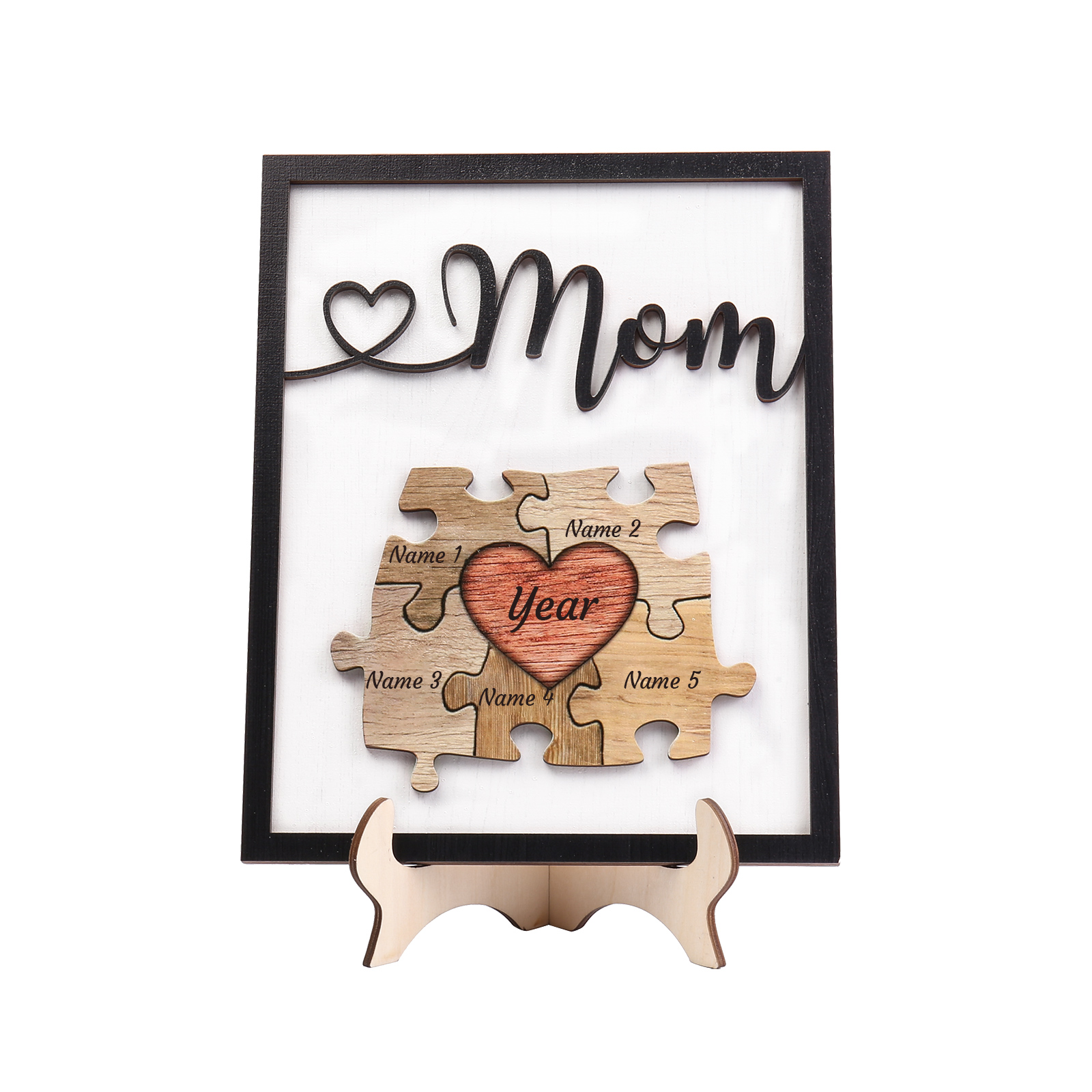 5 Names - Personalized Customizable Vintage Home Frame Wooden Decor Heart Puzzle Wooden Board Painting for Mom