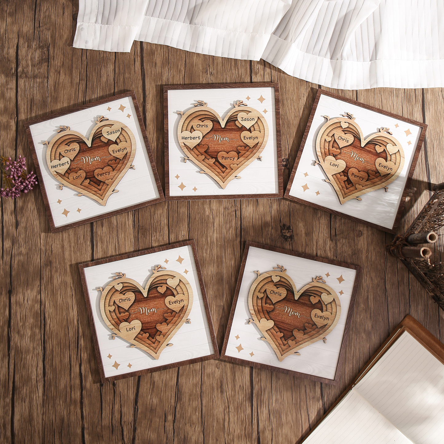 5 Names - Personalized Heart Vintage Wooden Wooden Painting, Home Frame Wooden Decor for Mom