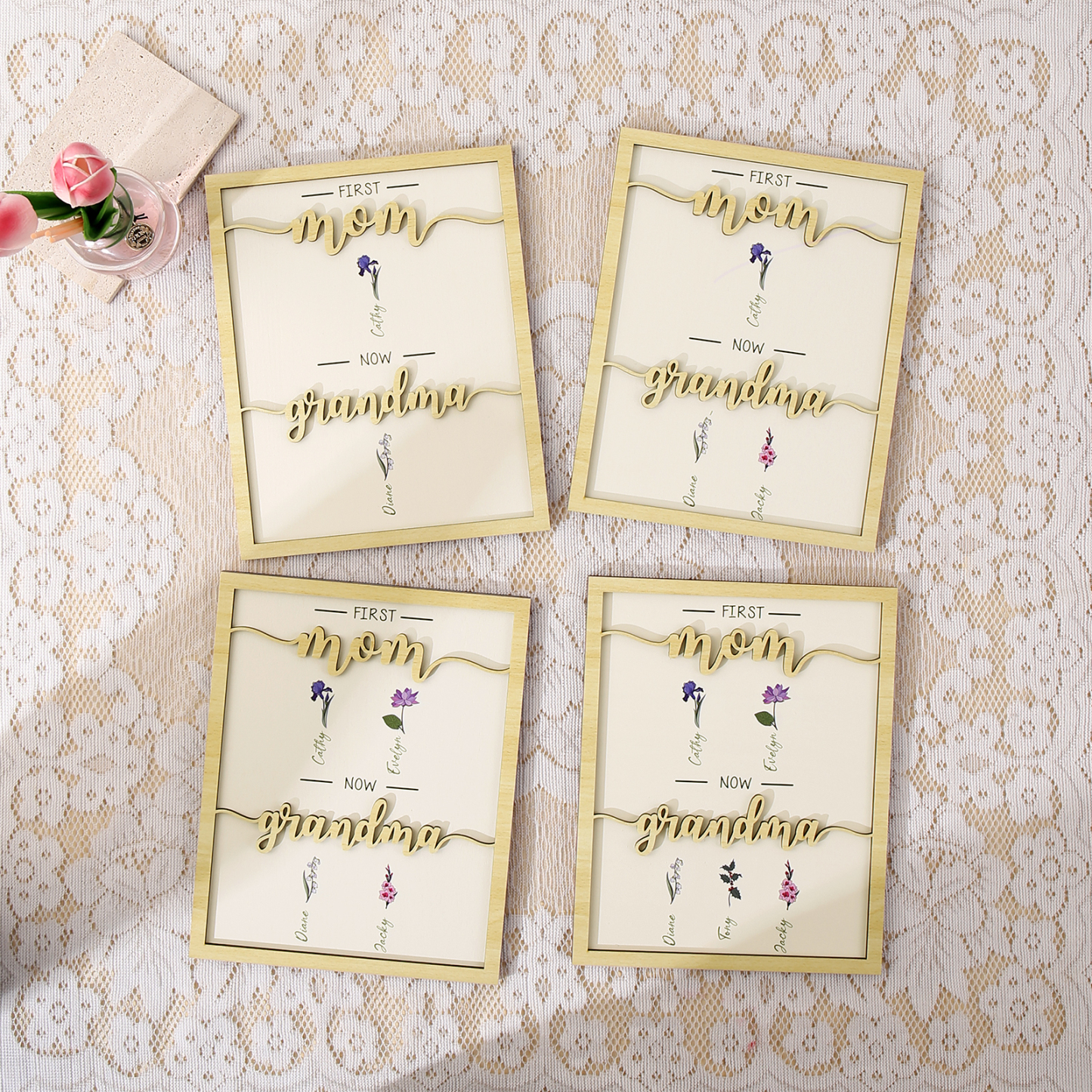 3 Names - Personalized Customized Birth Flower Home Frame Wooden Decoration for Mom/Grandma
