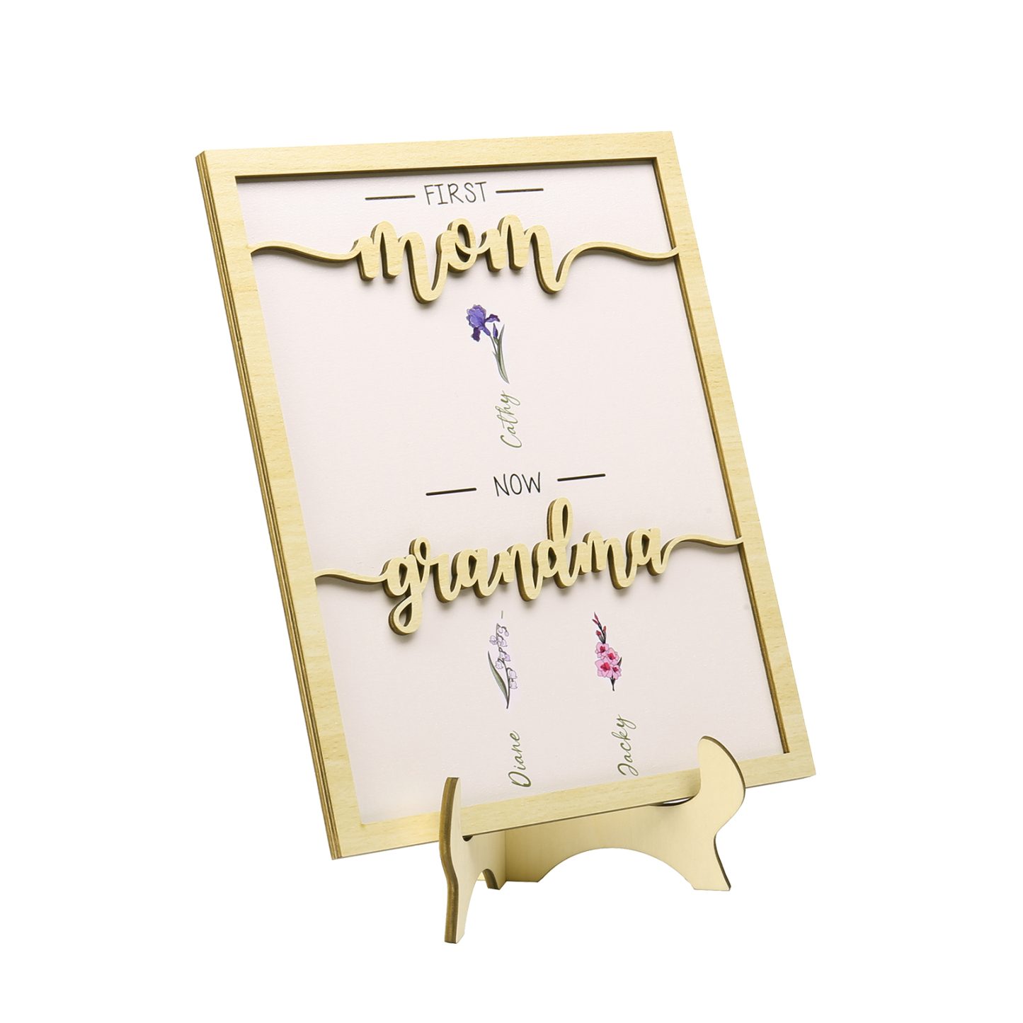 3 Names - Personalized Customized Birth Flower Home Frame Wooden Decoration for Mom/Grandma