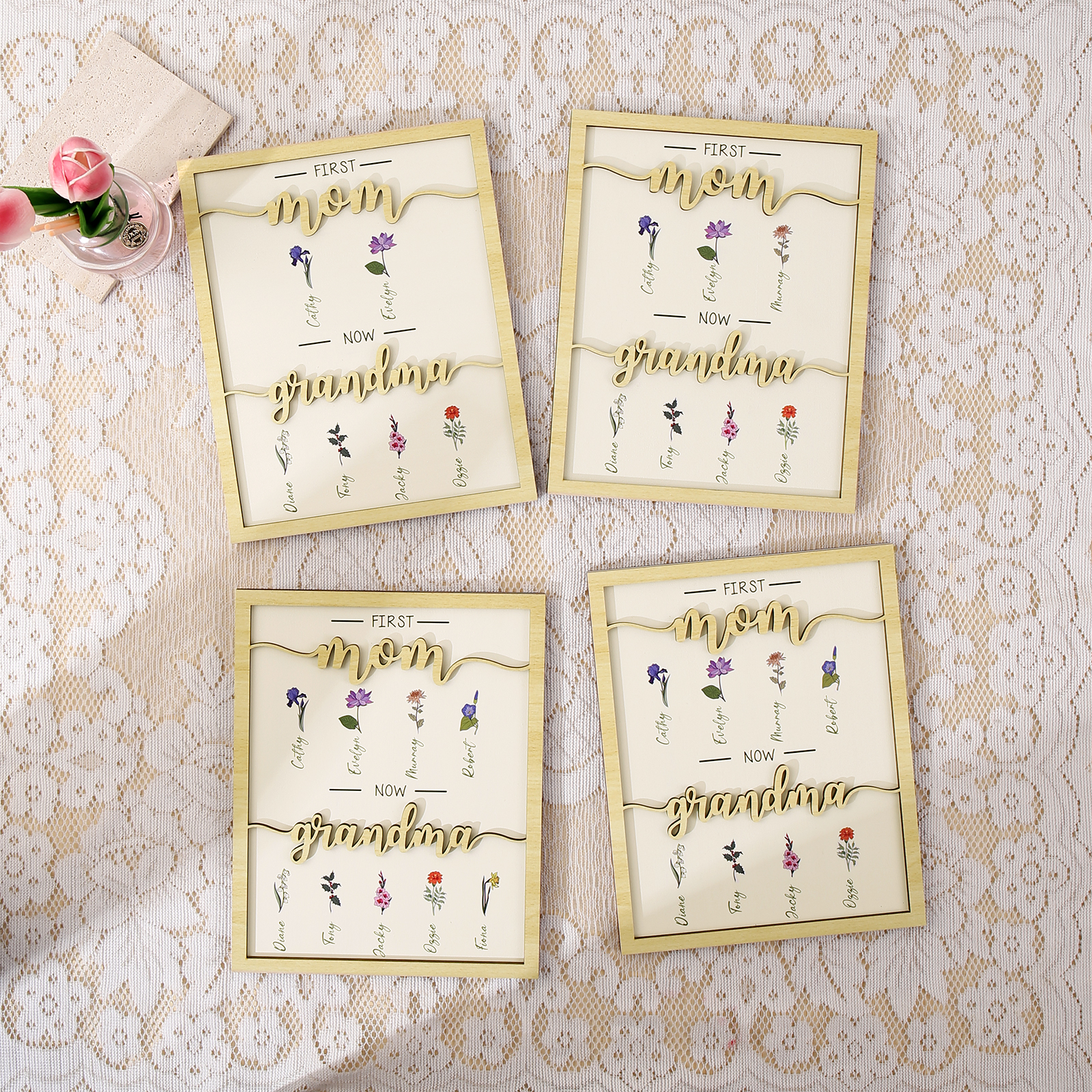 8 Names - Personalized Customized Birth Flower Home Frame Wooden Decoration for Mom/Grandma