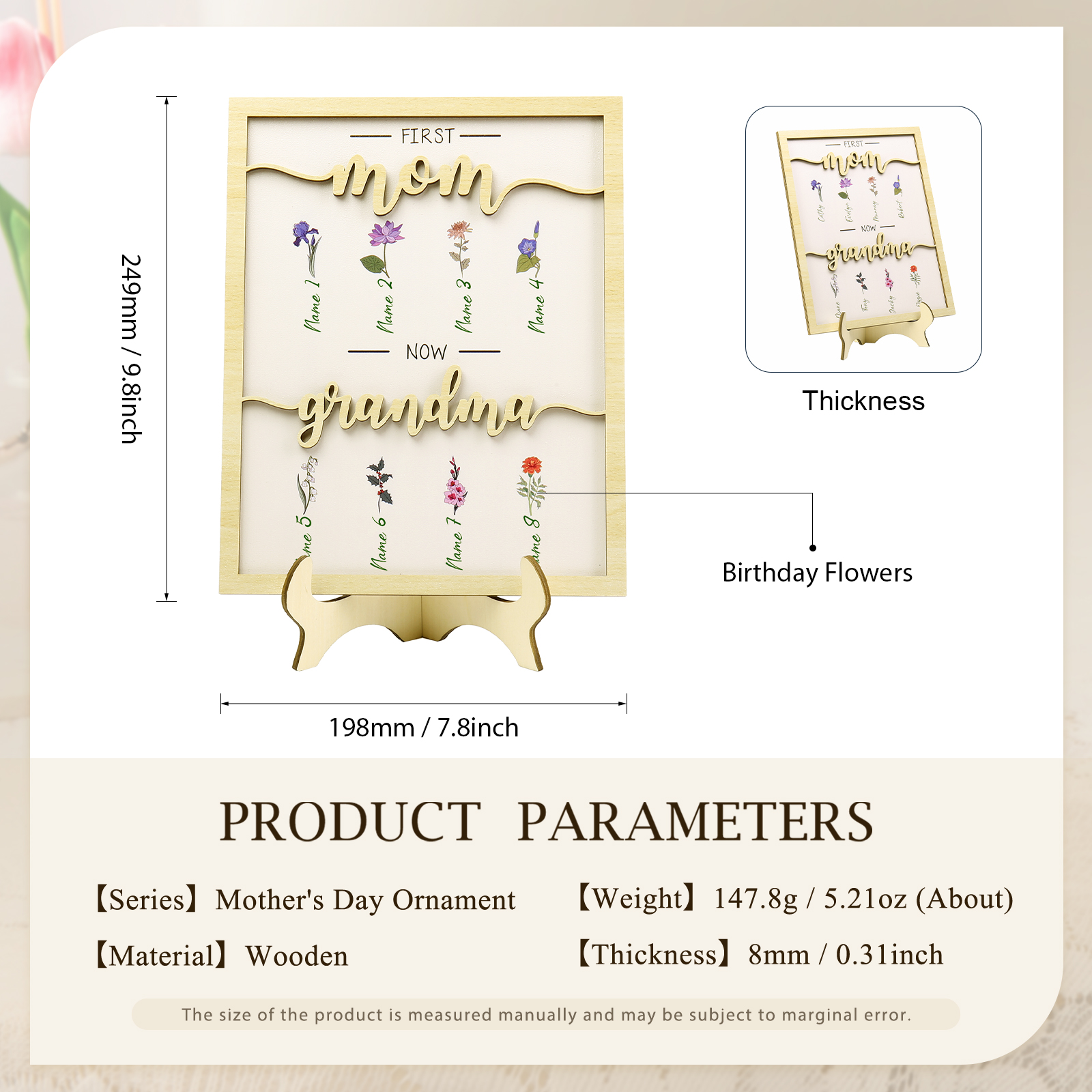 8 Names - Personalized Customized Birth Flower Home Frame Wooden Decoration for Mom/Grandma