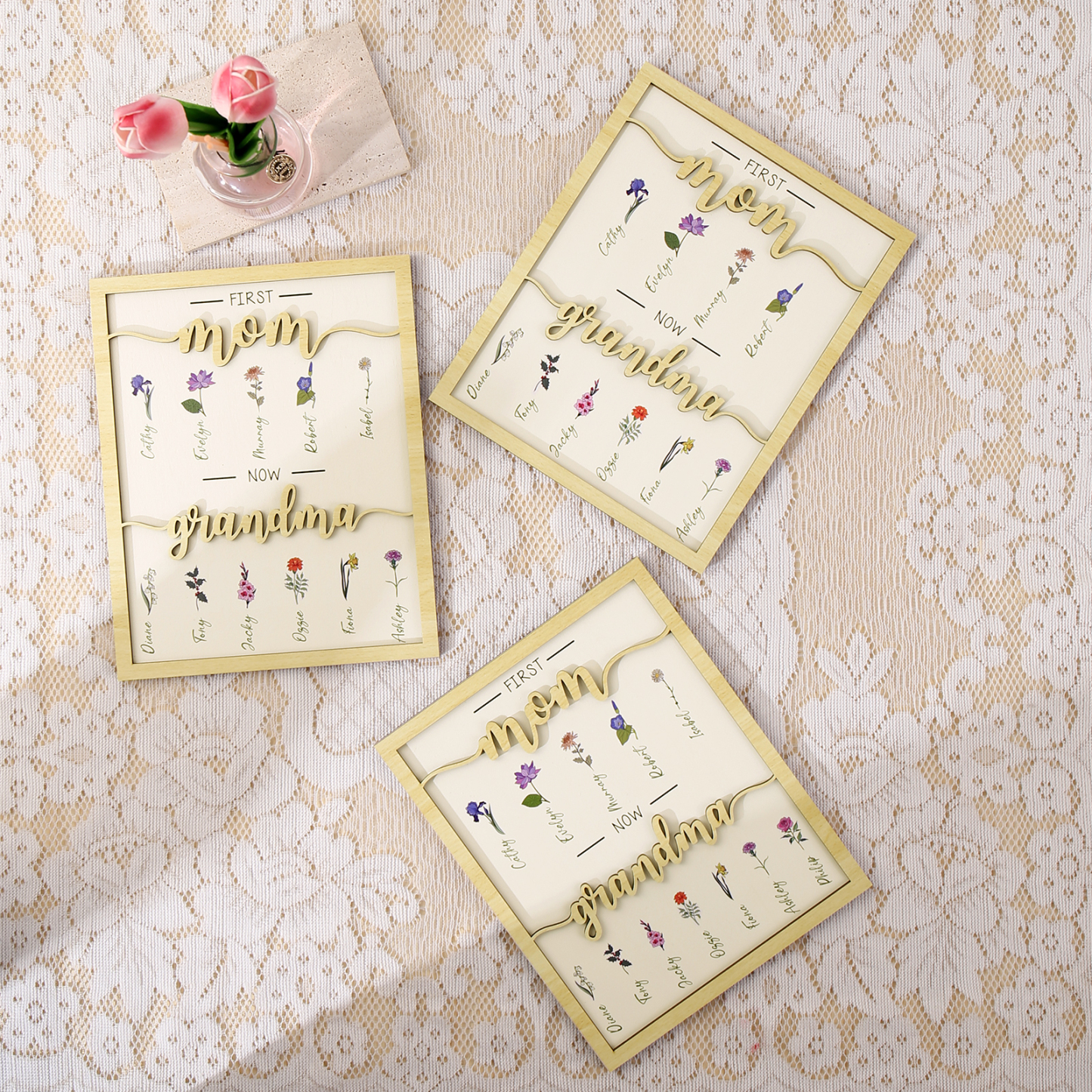 10 Names - Personalized Customized Birth Flower Home Frame Wooden Decoration for Mom/Grandma