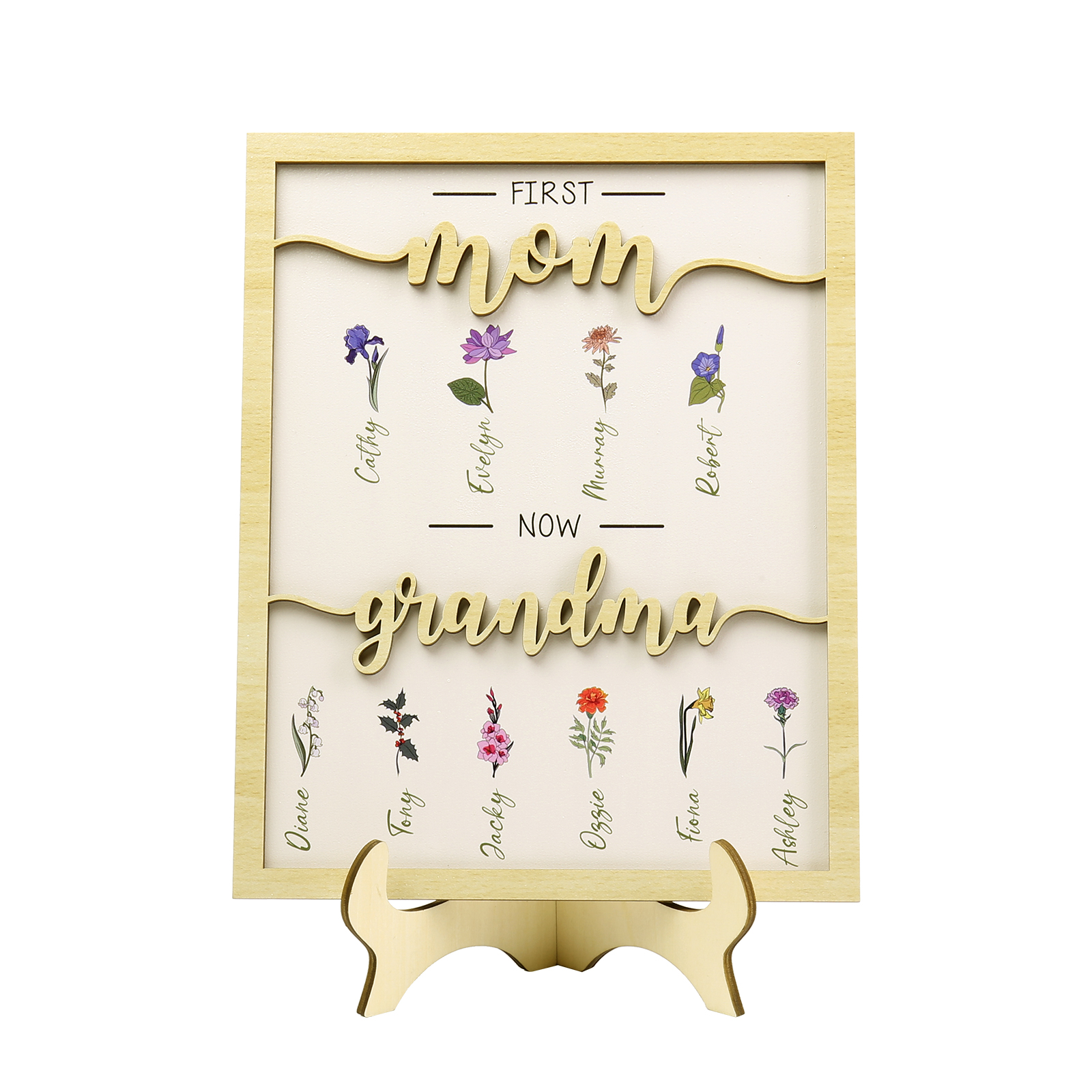 10 Names - Personalized Customized Birth Flower Home Frame Wooden Decoration for Mom/Grandma