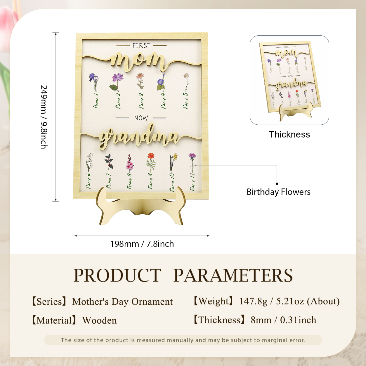 11 Names - Personalized Customized Birth Flower Home Frame Wooden Decoration for Mom/Grandma