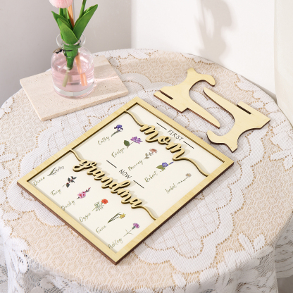 11 Names - Personalized Customized Birth Flower Home Frame Wooden Decoration for Mom/Grandma