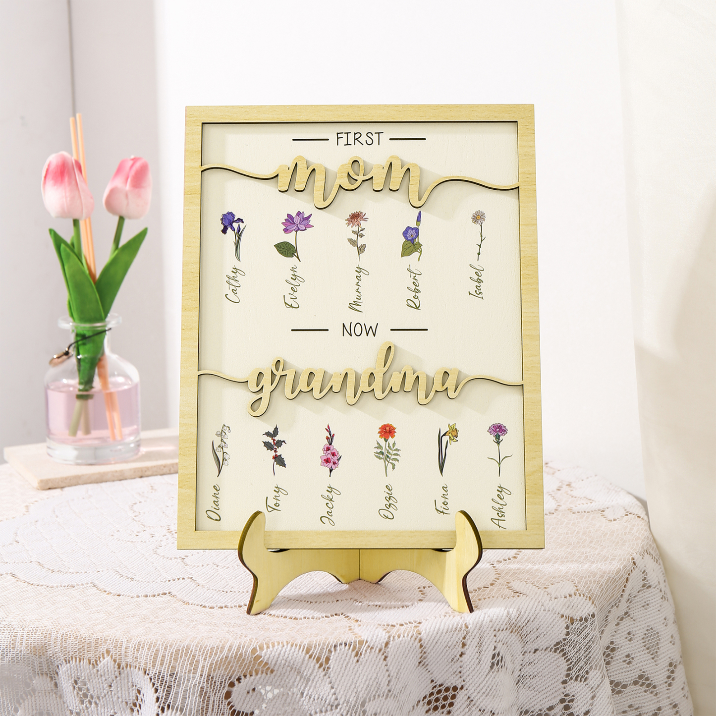 11 Names - Personalized Customized Birth Flower Home Frame Wooden Decoration for Mom/Grandma