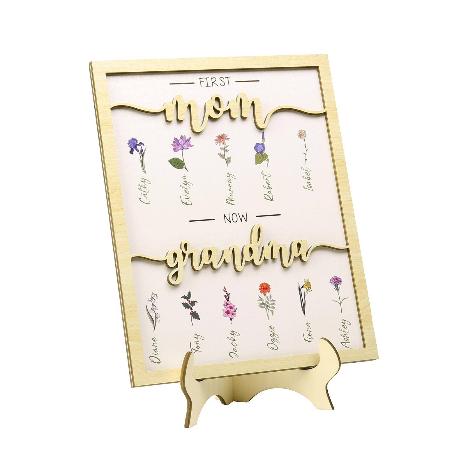 11 Names - Personalized Customized Birth Flower Home Frame Wooden Decoration for Mom/Grandma